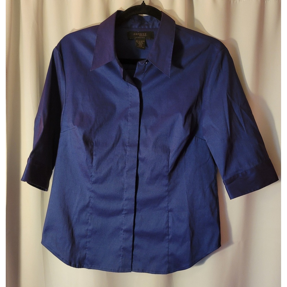 Vintage Express World-Brand Stretch Button Down Iridescent Blue Purple Top 11/12